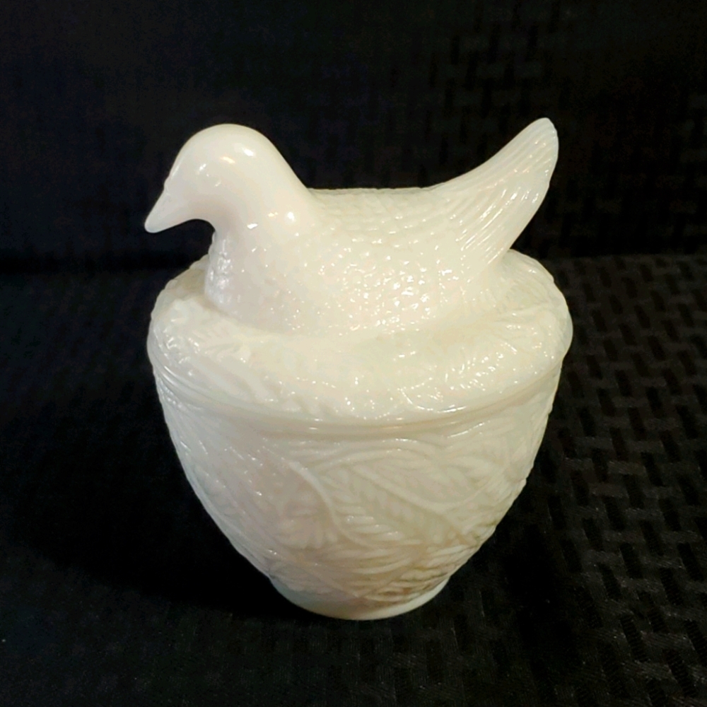 Vintage Avon Milk Glass Bird Basket Covered Dish